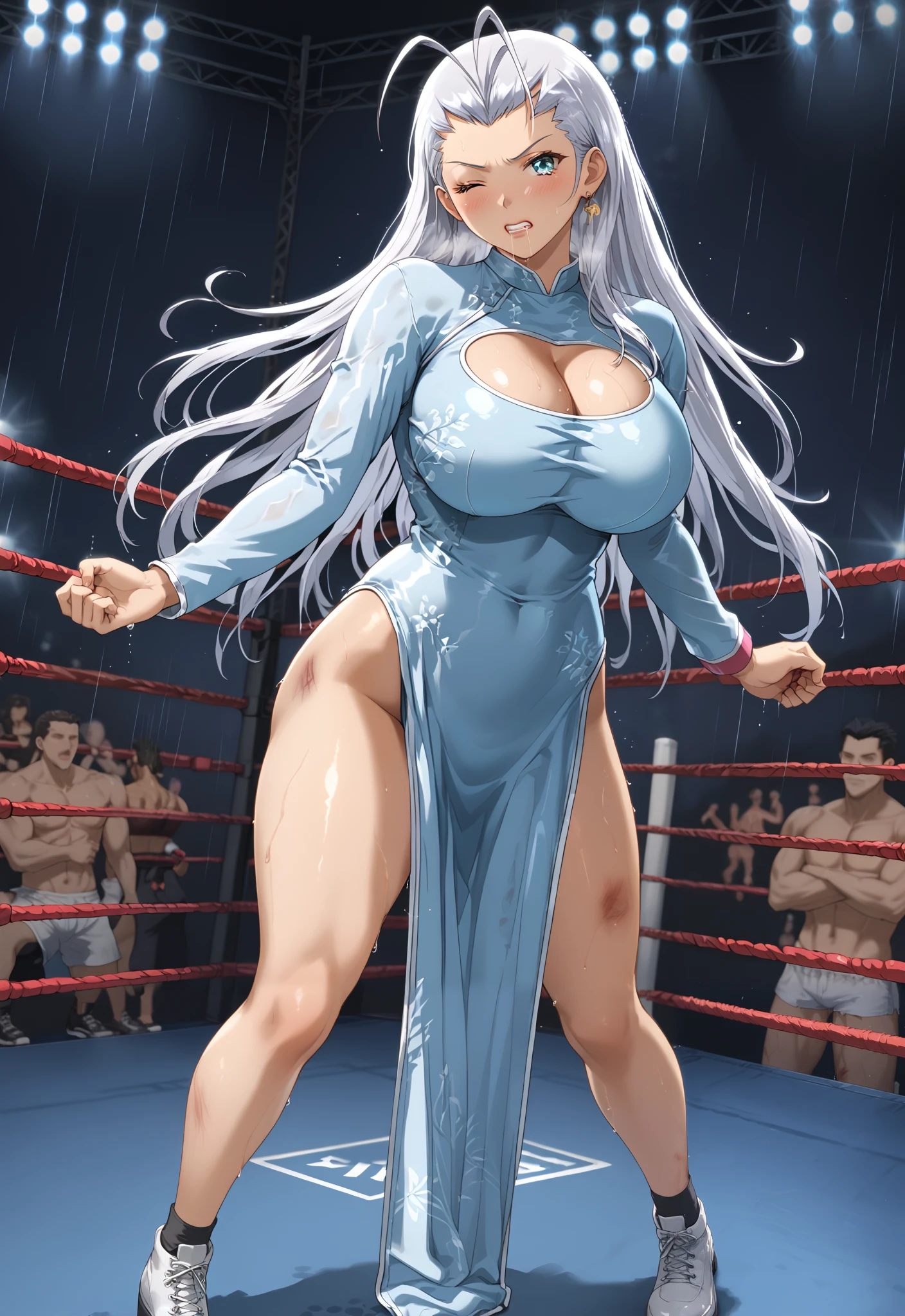 score_9, score_8_up, score_7_up, source_anime, 1girl, solo, outdoors, school,kakouenpony, long hair,silky white hair, shiny aqua eyes, antenna hair, massive breasts, sexy, black china dress, china dress, long sleeves, anime screencap, looking at viewer, full body, panting heavily, limbs flailing and positioned sexily, magatama earrings,
midriff exposed, big , thick thighs, frowning, cleavage cutout, shiny lips, shiny body, shiny hair, extremely torn clothes, defeated, standing, thick ass, alot of sweat, thigh area exposed, struggling, sexy pose, wet body, perfect figure, exposed six pack, panting, struggling, still looking stunning and gorgeous, getting smacked around, trampled on, beaten up, dark gloomy background, in wrestling ring, raining heavily, angry look, gritting her teeth, upset, not blushing, mature sexy look, touching her body, angry face, fighting back, smashed into a wall, feeling hurt and humiliated, drooling, leaning on the wall, getting beaten up, one eye closed from the pain, heavy breathing, fighting back, dropping to the floor, leaning against the ropes in the wrestling ring,