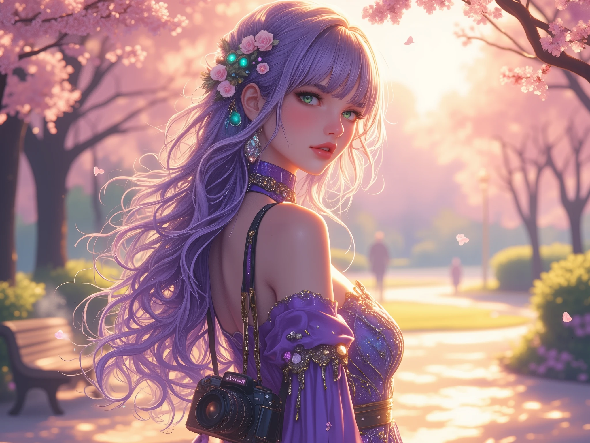 "A stunning and graceful woman in an anime-inspired art style, standing in an open, vibrant scene bathed in soft, golden light. She has long, wavy violet hair with shimmering silver highlights that cascade down her back, adorned with a delicate braid decorated with small, glowing crystals. Her eyes are large and expressive, glowing emerald green, reflecting warmth and intelligence. Her skin is flawless and radiant, with a soft rosy glow.
She wears an elegant yet modern outfit blending functionality and artistry — a flowing dress with intricate patterns inspired by celestial designs, paired with subtle technological elements, like faintly glowing lines along the fabric. The colors are a mix of deep violet, silver, and emerald green, creating harmony with her hair and eyes. Her posture is upright and confident, exuding charm and inner strength.
The background features an ethereal setting: a tranquil park with cherry blossoms gently falling in the breeze, golden rays of sunlight filtering through the trees, and faint mist in the air. Delicate details, such as a camera slung casually over her shoulder and a cup of steaming tea on a nearby bench, hint at her hobbies and personality. The overall tone is serene, uplifting, and subtly magical, with high detail and dynamic lighting. Quality is ultra-high, with sharp, clean details and cinematic depth."_