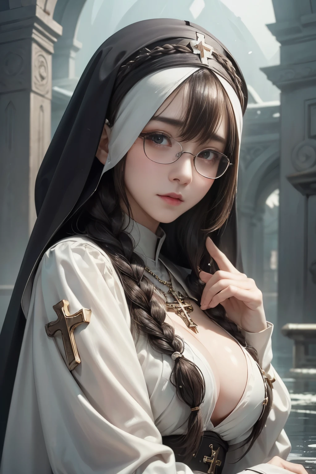 (1 girl:1.3)、solo、__body parts__、official art、unity 8k wallpaper、super detailed、Cosmetology and aesthetics、big breasts beautiful、master piece、best quality、fantastic atmosphere、calm color palette、feeling calm、soft shades、sexy nun、 ((((giant glasses, otaku glasses, thick glasses, round glasses)))),(((big breasts)))、charisma spell、vignette、Duties of a nun、look at the camera,light smile,the biggest:1.4