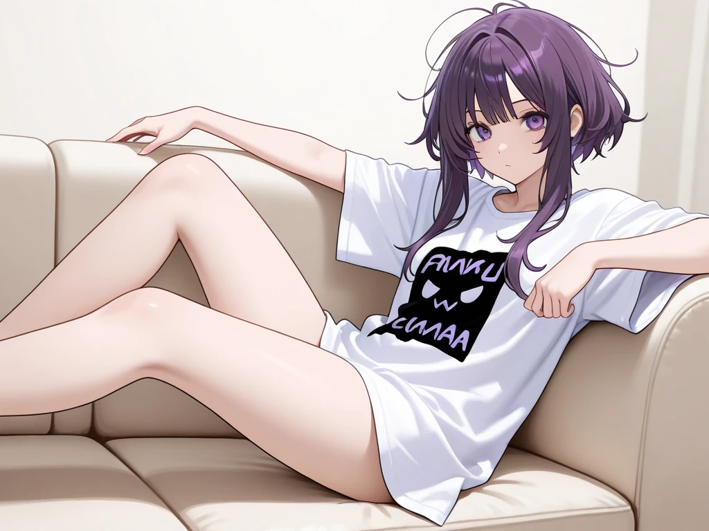 Cute girl, very short black hair, short-sleeved purple shirt, lying on the bed, It says “BARE” on the shirt, bare