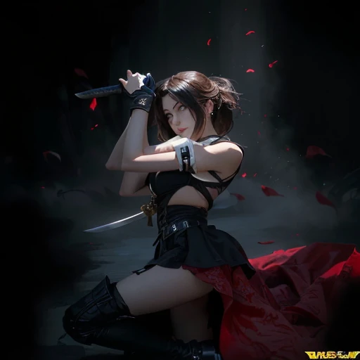 a ultra beautiful girl, with a (black techno fantasy armor) and a great sword in the back, cute, 12k, uhd, photorealistic, red decourations, (black short hairs), (((european face))), (ultra beautiful gorgeous realistic), naked belly and (naked arms), black armour, red light decourations, red great sword, black hairs
