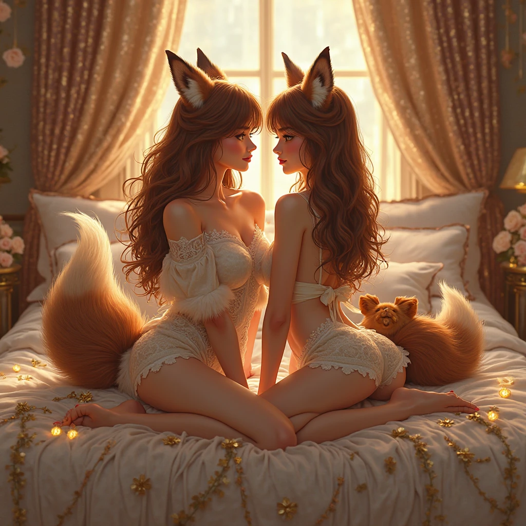 a beautiful woman with fox ears, another woman with orange lingerie, huge buttocks, sitting on a massage bed, in a beautiful spa, (best quality,4k,8k,highres,masterpiece:1.2),ultra-detailed,(realistic,photorealistic,photo-realistic:1.37),HDR,UHD,studio lighting,ultra-fine painting,sharp focus,physically-based rendering,extreme detail description,professional,vivid colors,bokeh,detailed eyes,detailed lips,extremely detailed eyes and face,long eyelashes,1girl,1girl wearing orange lingerie,2girls,sensual pose,sensual,intimate,seductive,erotic