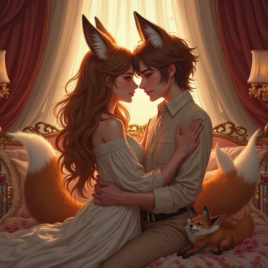 Seductive fox wife hugs her husband by the waist, getting her tits in his back, everything should be in anime style