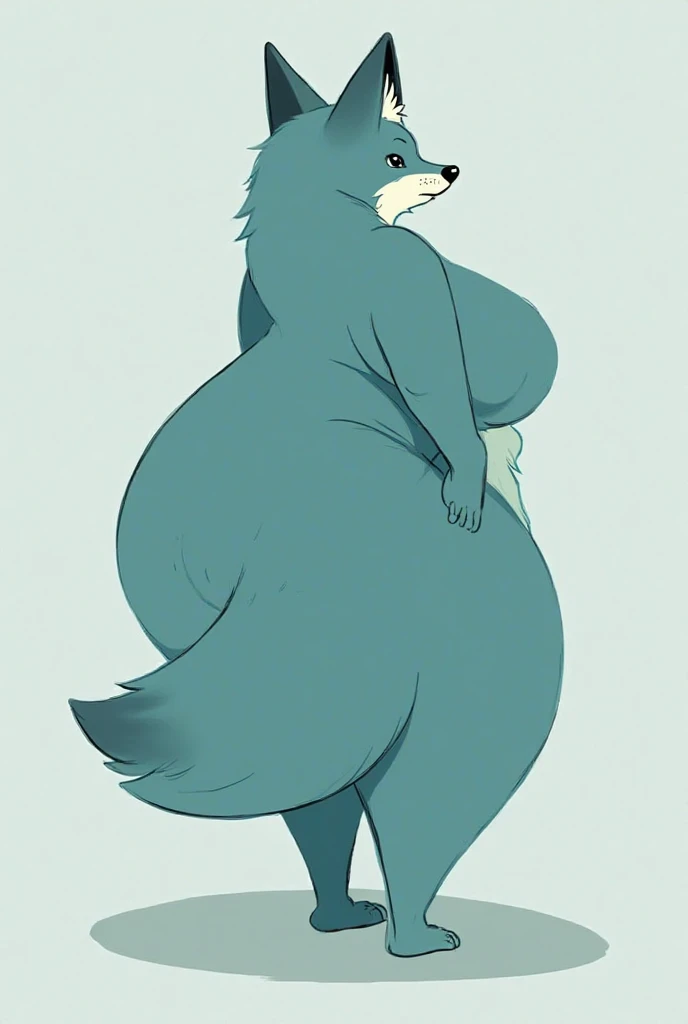 Wolf, female, long hair, morbidly onese,fat arms, fat legs, belly rolls,blue fur,light blue stripes,fluffy tail 