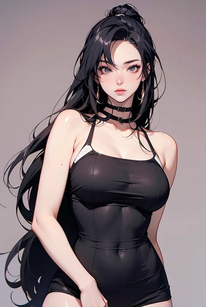 1 Girl Long Black Hair, Qi Bangs, Light Pink Eyes, Perfect Body Slim Curves, Big Lips, Split Lips, Soft Beauty, Shy, Sexy, Wearing Pure Black Camisole, Wearing Black Shorts, Black Dog Ears, Black Dog Tail, Black Necklace, Outtown Background, Absurd, High Resolution, Super Sharp, 8K, Masterpiece