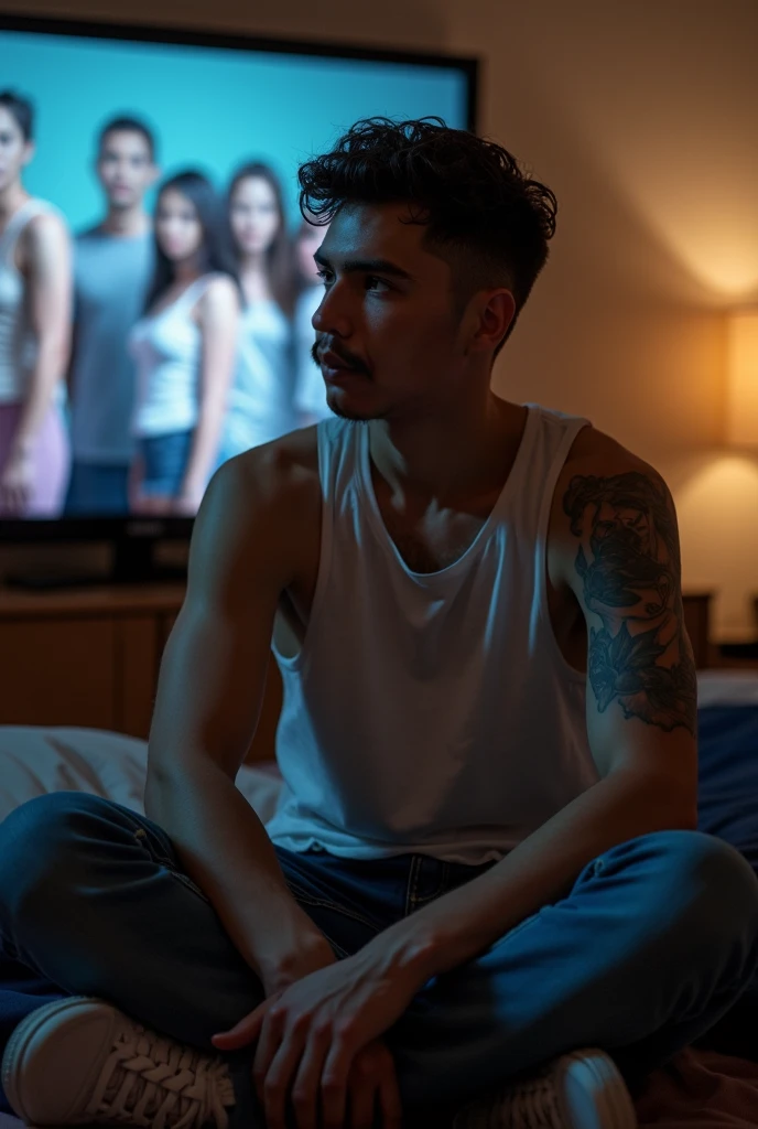 An Java-Indonesian man 32 years old handsome wear glasses his skin is white and his body is big muscle receiving a call from a landline in a dark living room wearing a towel under his body