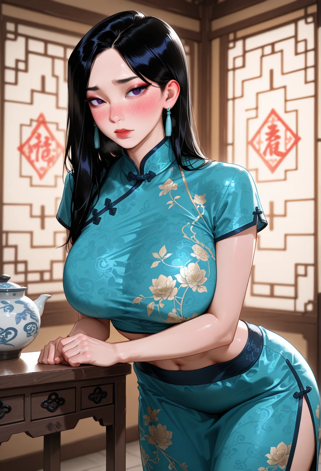 (masterpiece:1.2, best quality),(Practical, photoPractical:1.4),1 female,Mature woman,30 years old,big eyes,Long eyelashes,(thick lips),Black Hair,Feel free to hairstyle,Beautiful skin,Glowing skin,Beautiful female hands,Detailed hand drawing,Beautiful legs,(whole body),rest(cheongsam),(In the background is a Chinese room),(((Background blur:1.5))),(((Hand on))),((Full and soft breasts,)))(((Large Breasts))) (((Cleavage))) 