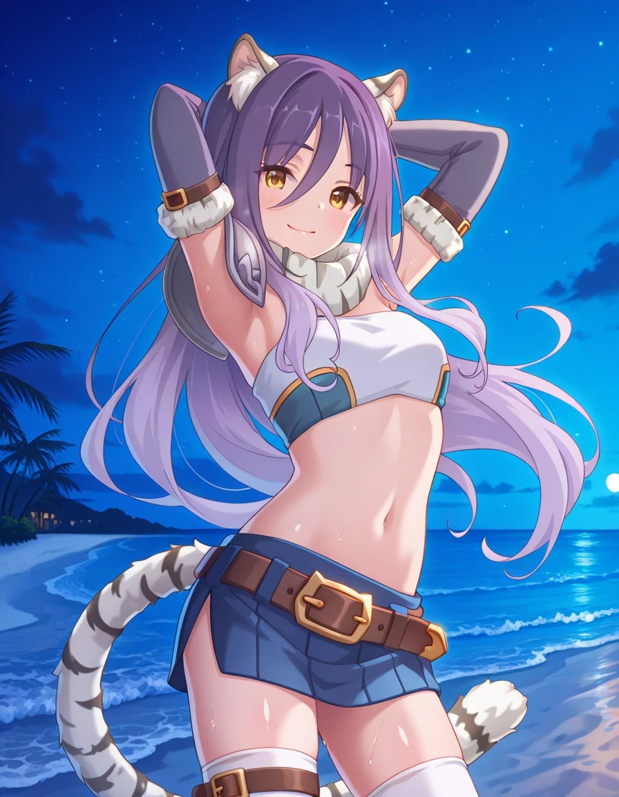 shiori, long hair, hair between eyes, multicolored hair, purple hair, light purple hair, yellow eyes, tiger ears, tiger tail, scarf, tube top, single shoulder pad, fur trim, midriff, elbow gloves, fingerless gloves, brown belt, blue skirt, white thighhighs, shiny skin, solo, night sky, beach, armpits, hands behind head, ((contrapposto)), closed mouth, cowboy shot, looking at viewer, smile, best quality
