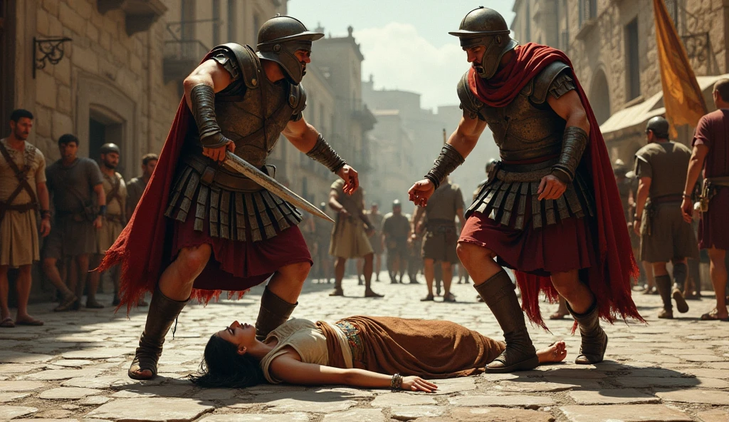 Roman legionnaires in full armor torture a naked young girl slave, blood, fear, pain, tears, sweat, dirt
