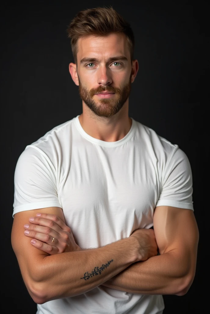 imagem mega realista de um homem branco de aproximadamente 30 anos no estilo hipster, Wearing a white short-sleeved t-shirt and jeans. with tattoo on the arms. com barba curta. with arms crossed. The man will be looking to the side and smiling with his teeth appearing