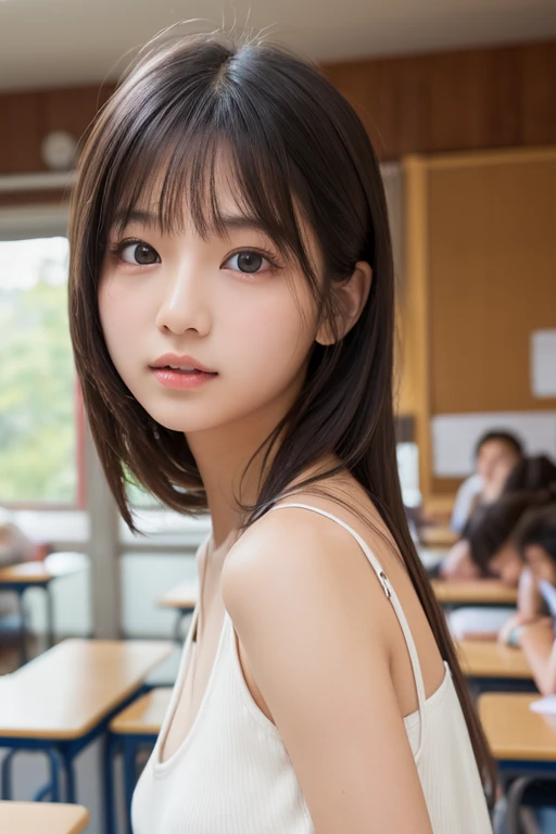 ((highest quality, masterpiece :1.3)), Photorealistic、Ultra-high resolution、Natural skin texture、Hyperrealism、Ultra close-up、Beautiful Japanese girl in her early s、topless、Completely naked、sit in school chair、Scared、A tense look