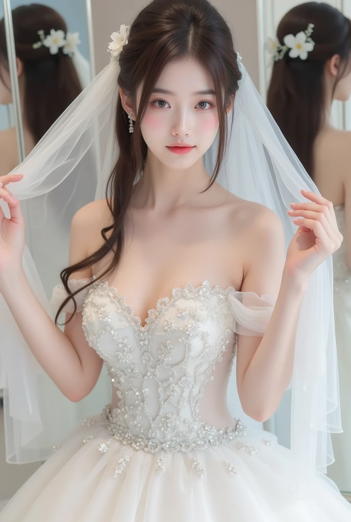 Beautiful bride,Head flower，headdress，（Bandeau wedding dress：1.5），（Silk dress：1.4），dress，necklace，earring，huge tit，Neck ornaments，Deep V peach heart collar wedding dress，Liuhai，Bouquet，mitts，Bridal veil，Forehead ornaments，(Transparent veil:1.3)，Bust photo,（Strapless wedding dress：1.5）,lipstick，High detail RAW color art，Outdoors，Pink blush