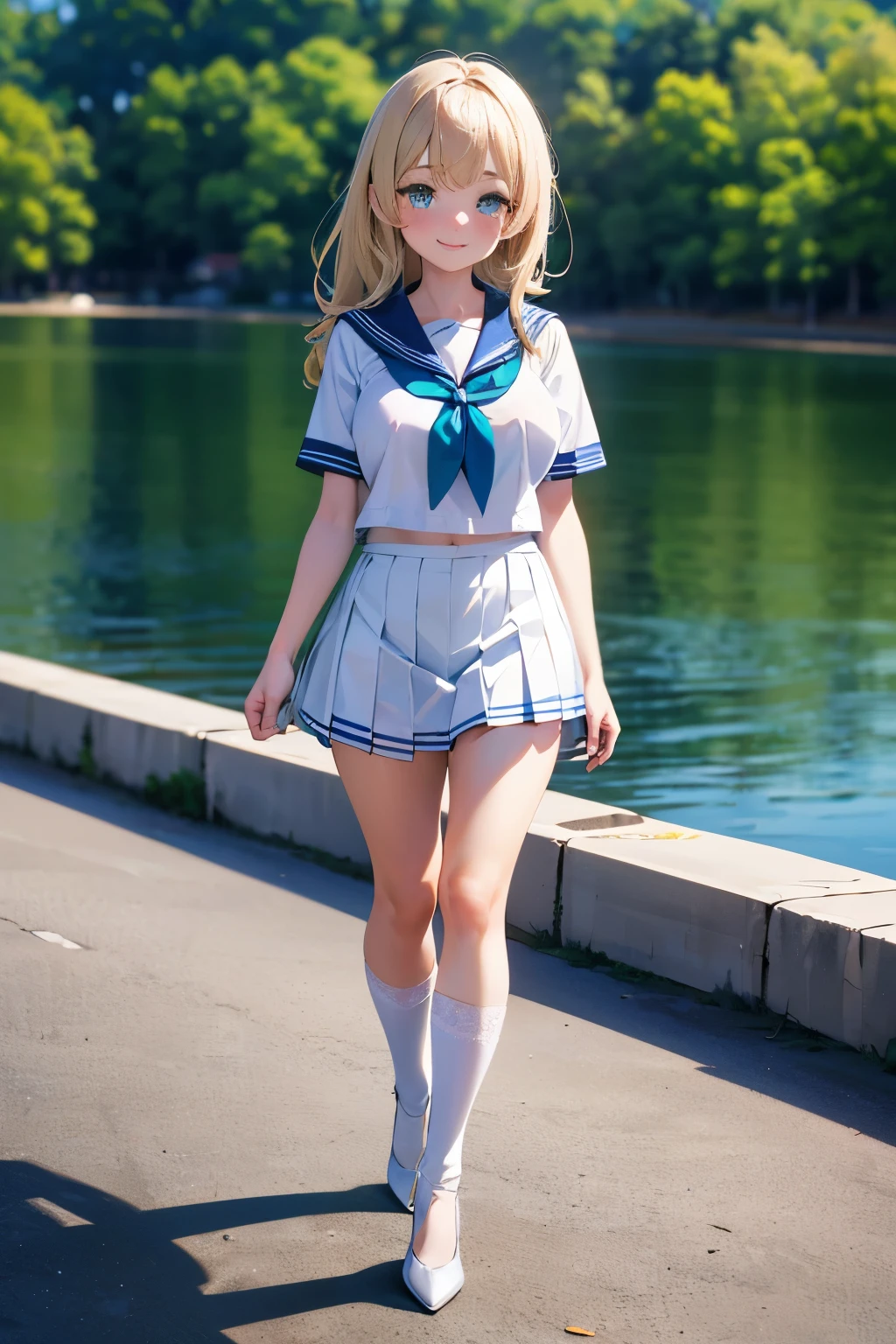 Best quality, full body focus, full body shot, perfect face, soft light, ultra high res, 8k, Masterpiece, , , view the viewer, full body , Front view, (1girl::1.3), , Cute face, (blue eys:1.5), (Light Blonde Long Hair:0.8), beautiful Huge breasts, , Beautiful boob, Beautiful finger, Beautiful hands, Beautiful arms, Beautiful feet, Beautiful legs, (high resolution detail of human skin texture) , ((white short sleeves sailor uniform, white pleated skirt, knee-high socks, white with lace trim, white pin high heels)), , Spring Lake Side,, , (( Walking, , smiling, nose blush) , )) , ,score_9, solo, no bra, no panties, ,