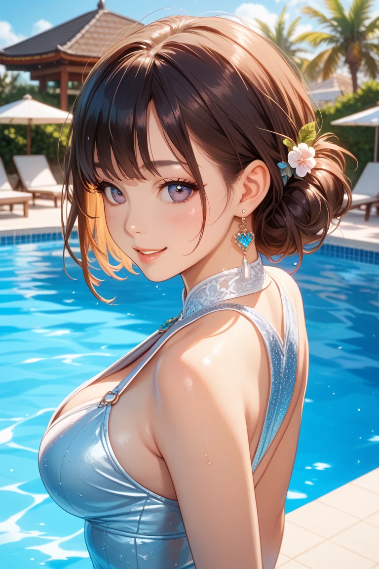 1girl, extremely cute face, Amazing face and eyes, (highly detailed eyes, highly detailed face), Fresh, very clean appearance, (hyper-realistic, hight resolution), (best Quality:1.4), Raw photo, (Realistic, Photorealsitic:1.37), Professional Photography, Cinematic Light, (floral pattern yukata:1.25), (amazing big breasts:1.1), (open yukata), (bare shoulders), (curly hair, nape of the neck:1.3), Smile slightly, Staring at me, Hot springs, (open-air bath at night:1.5), (dark forest), Hot spring inn, steam, relaxing, lantern light, candle light,