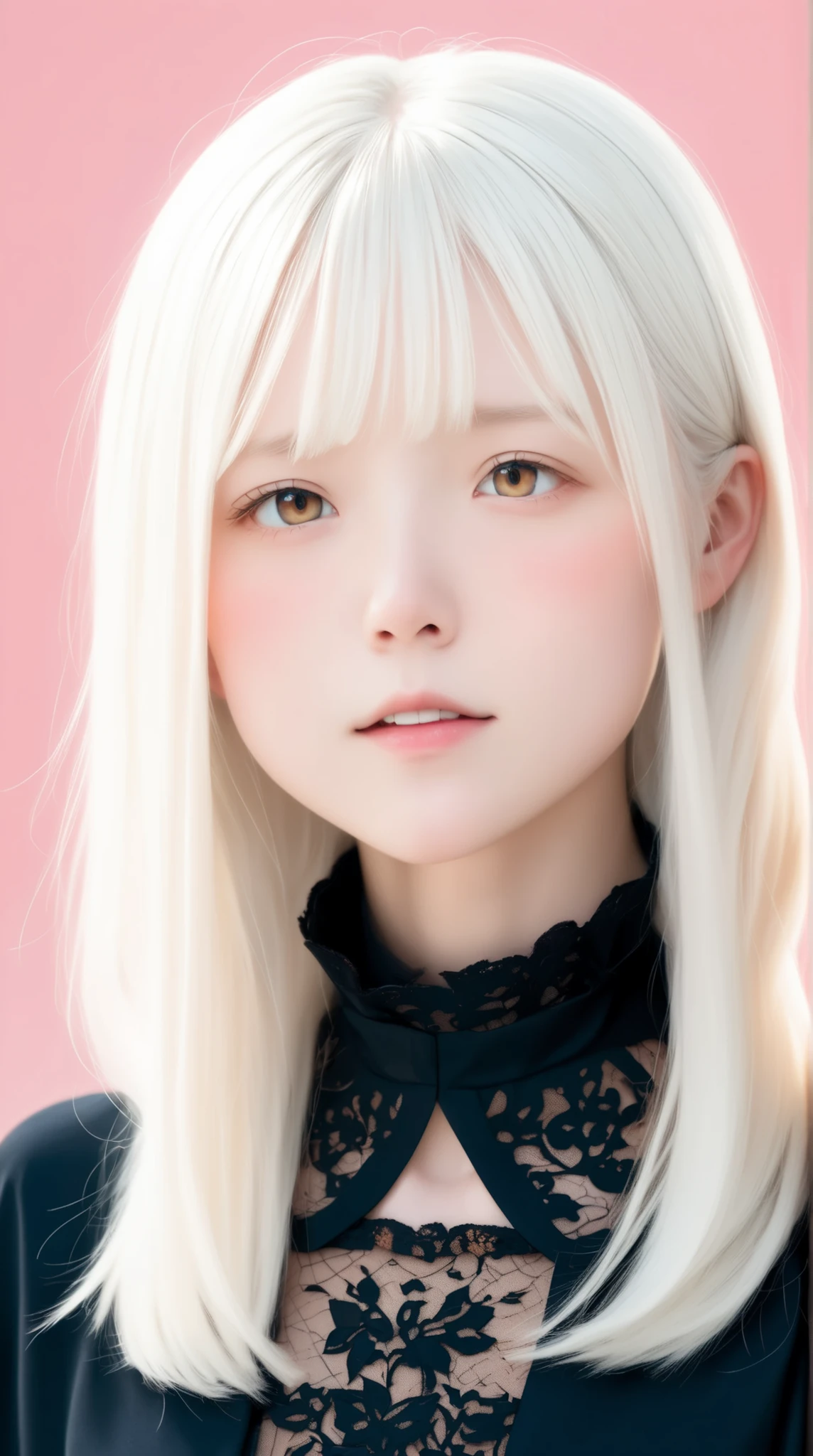  perfect anatomy,  point to the screen  :1.37,  japanese girls , alone、one girl from before the evening、少し短い首:1.7, Albino Skin, Gray Hair,  Long straight hair  ,  light brown eyes, High neck lace fabric black dress,  (((black clothes:1.7))), , artistic lace pattern clothing、  face down on a pale pink background 