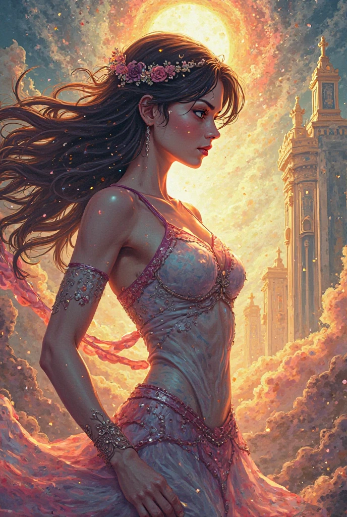 angulo picado, angulo cenital. ((Una mujer diosa de los arcoiris, viste un hermoso sexy vestido abierto con escote y adornos tornasol)), (Pelo color arcoiris lacio y muy largo con brillo magico), con maquillaje que destaca su mirada magica, tocando un arcoiris con la mano derecha atravesando su bello velo, cuerpo esbelto y delicado, senos grandes, tiene el arcoiris y un campo abierto que la iluminan con su luz, paisaje al atardecer. raytraced, viento, paisaje de arcoiris sobre la llanura en el atardecer (aesthetics and atmosphere:1.2), curisosa, apasionada, sonrisa magica, feliz, ojos brillantes tornasol，plano amplio, cuerpo completo. (foto cruda, mejor calidad), (realista, photo-realista:1.3), Obra maestra, un extremadamente perfecto y hermoso cuerpo, cuerpo palido extremadamente detallado, Best quality score, close up, high view, arcoiris magico and field atmosphere, rainbow hair. Pelo color arcoiris lacio y muy largo con brillo magico, Pelo color arcoiris lacio y muy largo con brillo magico, Pelo color arcoiris lacio y muy largo con brillo magico, Pelo color arcoiris lacio y muy largo con brillo magico