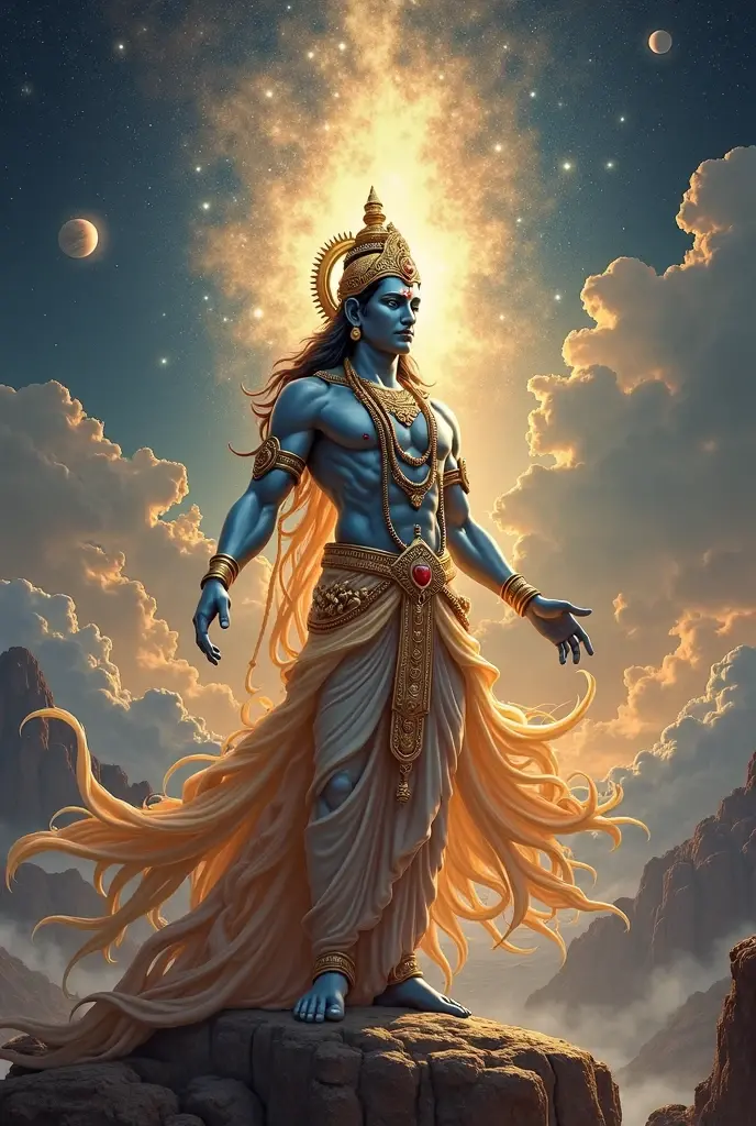 Shree big krishan name's lord, danger background ,full photo Mahabharat ,on one finger yadurshan chakra , flying sky