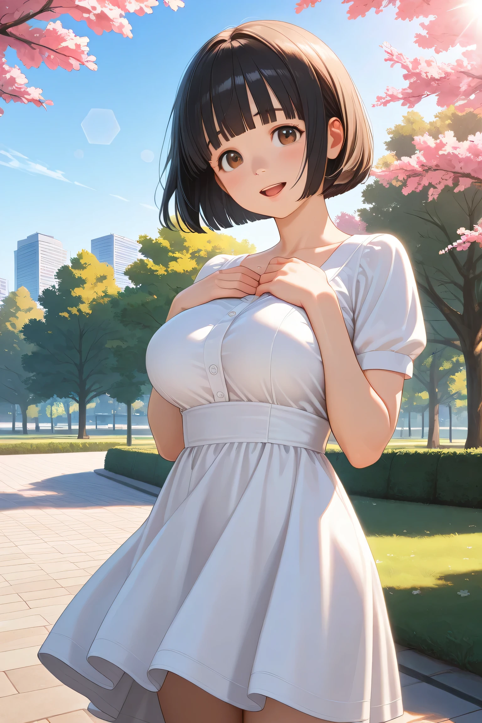1girl, standing, hands on chest, tilt head, cowboy shot,
BREAK girl, 22yo, short hair, bob cut, ear, (blunt bangs), black hair, (tareme:1.2), detailed cute brown eyes, curled eyelashes, (large breasts:0.8),
beautiful eyes, detailed eyes, beautiful face,
one-piece dress, cute clothes,
embarrassed, smile, open mouth,
outdoors, city, park, spring \(season\), daylight, sky, lens flare,
masterpiece, best quality, amazing quality, very aesthetic, absurdres, newest, (realistic:1.2), super detailed, extremely detailed, nsfw, explicit