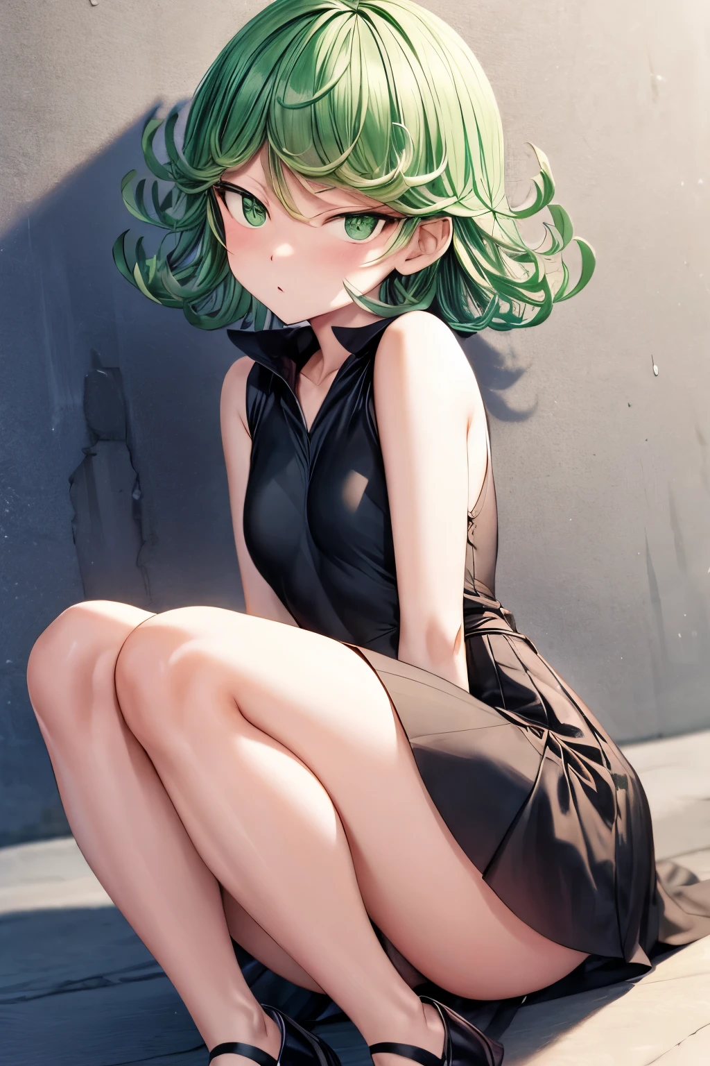 Tatsumaki, short hair, green hair, looking at me, white sleeveless shirt, black skirt, black shoes, anime