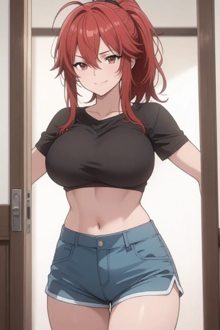 1 Girl, One, masterpiece, Best quality,
      mahuka kouku no rettusei, Chiba Erika, Erica Chiba, Red eyes, tsurime, Red hair, short hair, dirty hair, ponytail, short ponytail, first high , in a crop top and thong, medium breasts, thigh high, black thigh high,
        ,
        cowboy shot, I look at the viewer,
        blush, seductive smile,
        On open air, USA, 