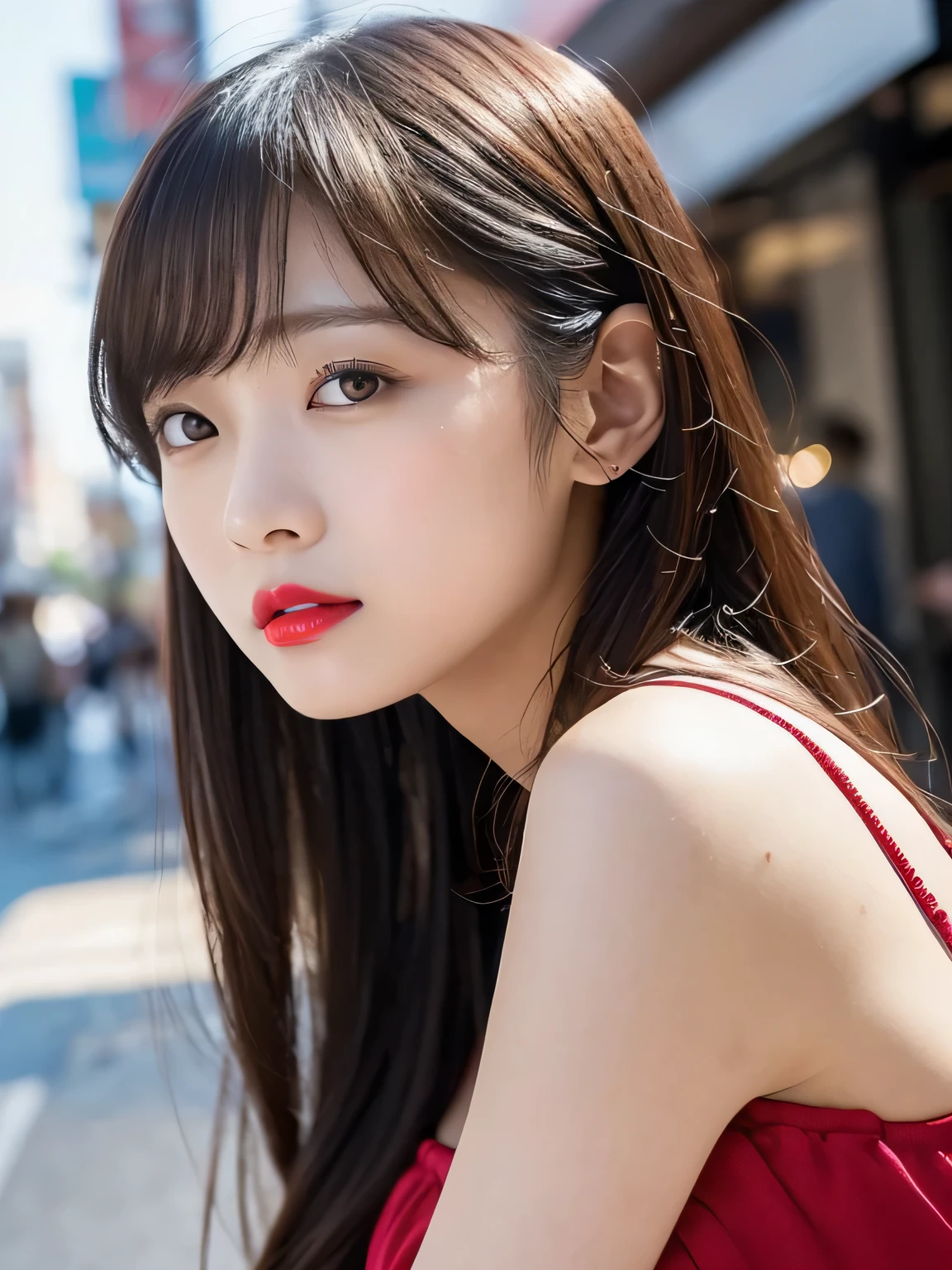 ((whole bodyを撮影する))、(realistic、Photoreal、Super detailed、best detailed skins、highest quality、masterpiece、ultra high resolution)、cute japanese、16 years old、high school girl、young girl、light makeup、1 girl、前hairがある、double eyelid、drooling eyes、big black eyes、black eye、Japanese style face、baby face、purity、watch here、realistic肌タイプ、、the wind is blowing、Light is coming in from behind、hair、(sexy panties with red polka dots、sexy bra with red polka dots、)、whole body、sexy pose、sexy ass