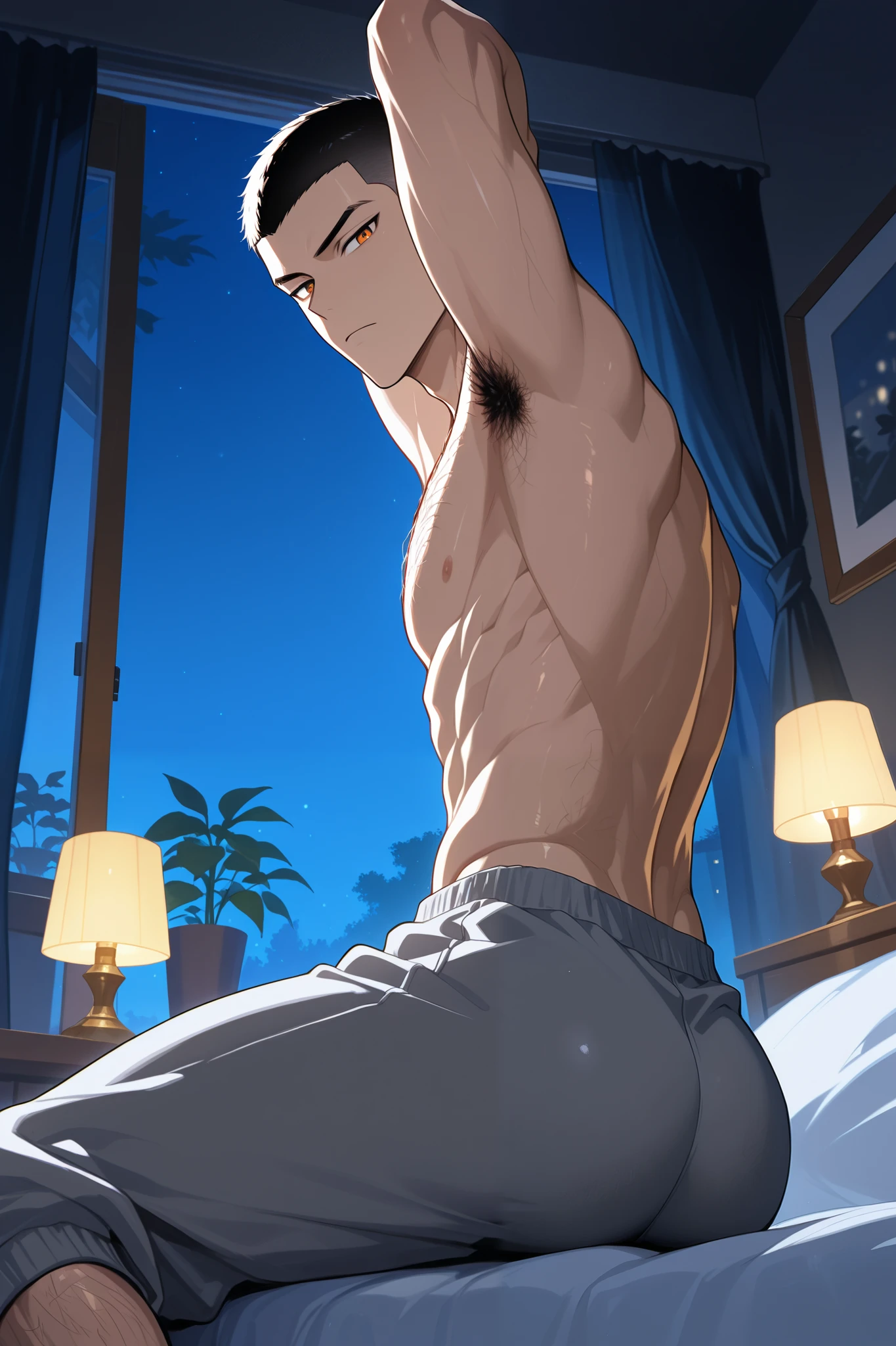(Masterpience, absurdres, topquality, mj manga) 1boy, solo, maturemale, bishounen, tsurime, amber eyes, hairy body, (buzzcut: 1.0), skinny, big butt, bedroom, open window, nice scenery, black thin curtains, hanging plants, lamp, (night), low angle, shirtless, gray baggy sweatpants, lying on his back, arms raised, show armpits, armpit hair, perverted look, looking at viewer