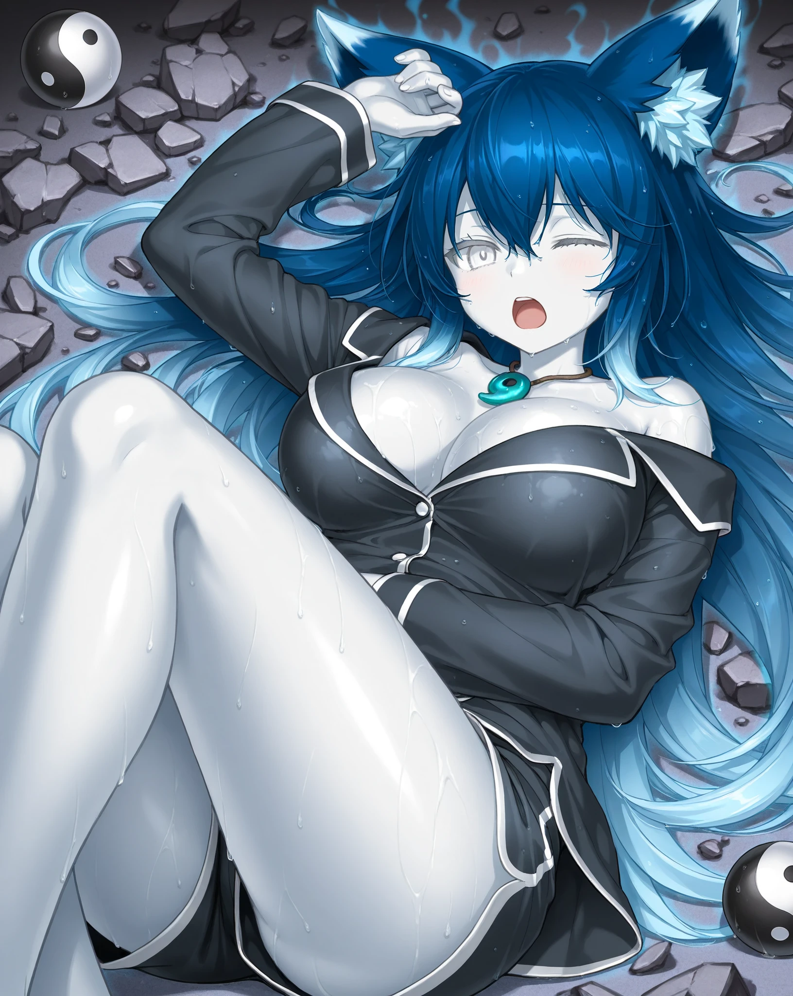 Happy woman, with wolf ears and blue hair, holding her cheeks, wolf tail, wearing a latex dress, looking at veiwer, full body, you can see her chest, naked breasts