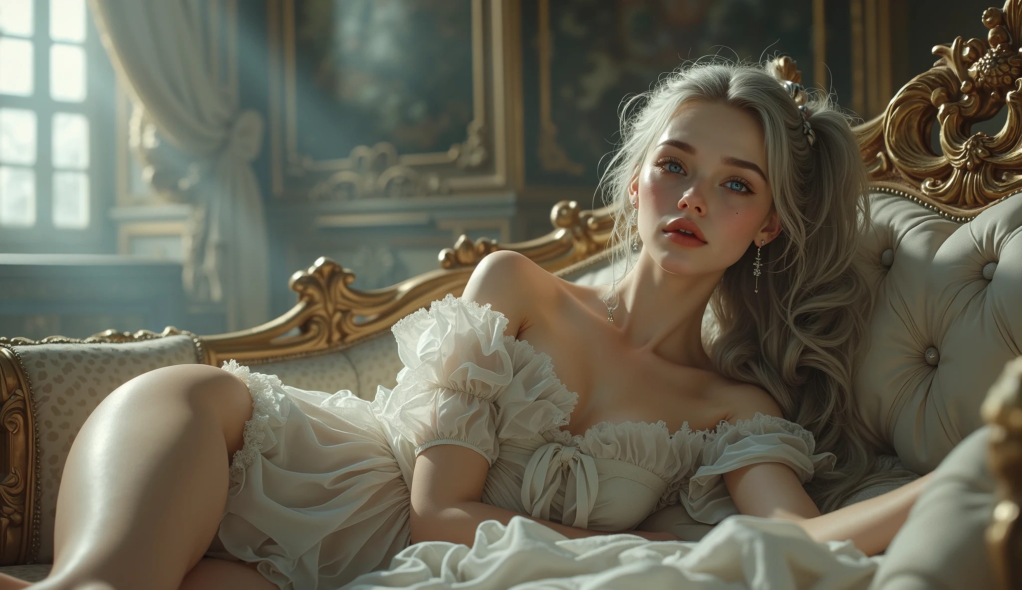 (Girl lying on a palace sofa)、(Top Quality、masterpiece:1.2)、super high resolution、real、front light、intricate details、exquisite detail and texture、1 girl、One person、( young)、Face Highlights、upper body、detailed face、Teardrop Mole、white skin、 Silver Hair、ponytail、braided hair、watching viewers rip their polka dot bikinis、 Big Blue Eyes 、(off-shoulder translucent white long dress)、earrings、Medium sized chest、It's me。m slender、 luxurious room、professional lighting、photon mapping、radiosity、physics-based rendering、(old European castles have a hazy background)、Backlight、(I can see the silhouette of the body)