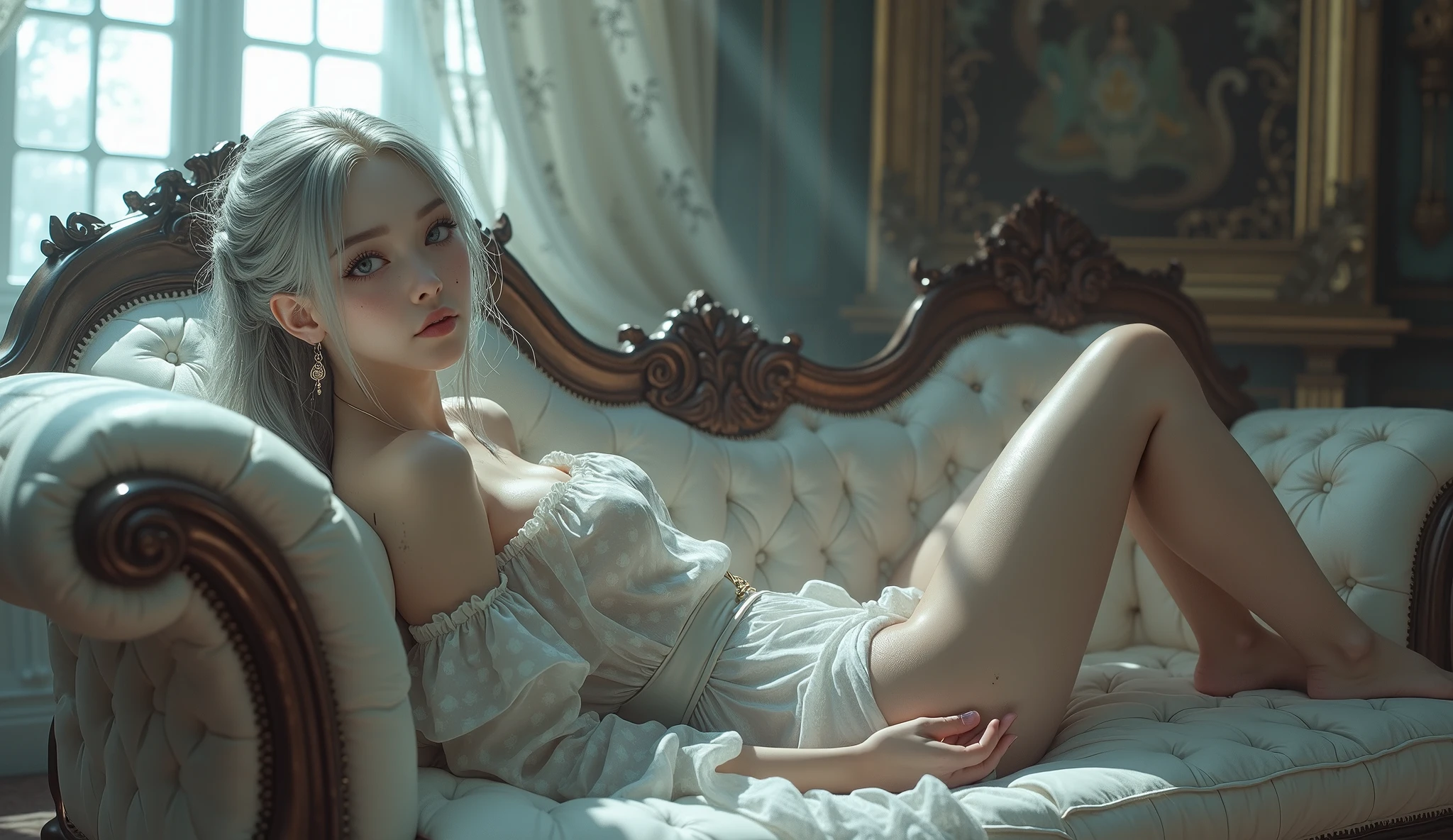 Sexy nude model in a transparent dress、Slim figure、Beautiful big breasts、A beautiful model enveloped in a transparent veil、High body exposure、The full body image is facing forward、A fantastical, painting-like image、Silver Hair、Pale, translucent skin、Long False Eyelashes、Facing forward, sit on a chair, spread your legs and show your crotch、Facing forward, spread your legs and show your panties、Pastel-colored transparent lingerie、 Glass High Heels、