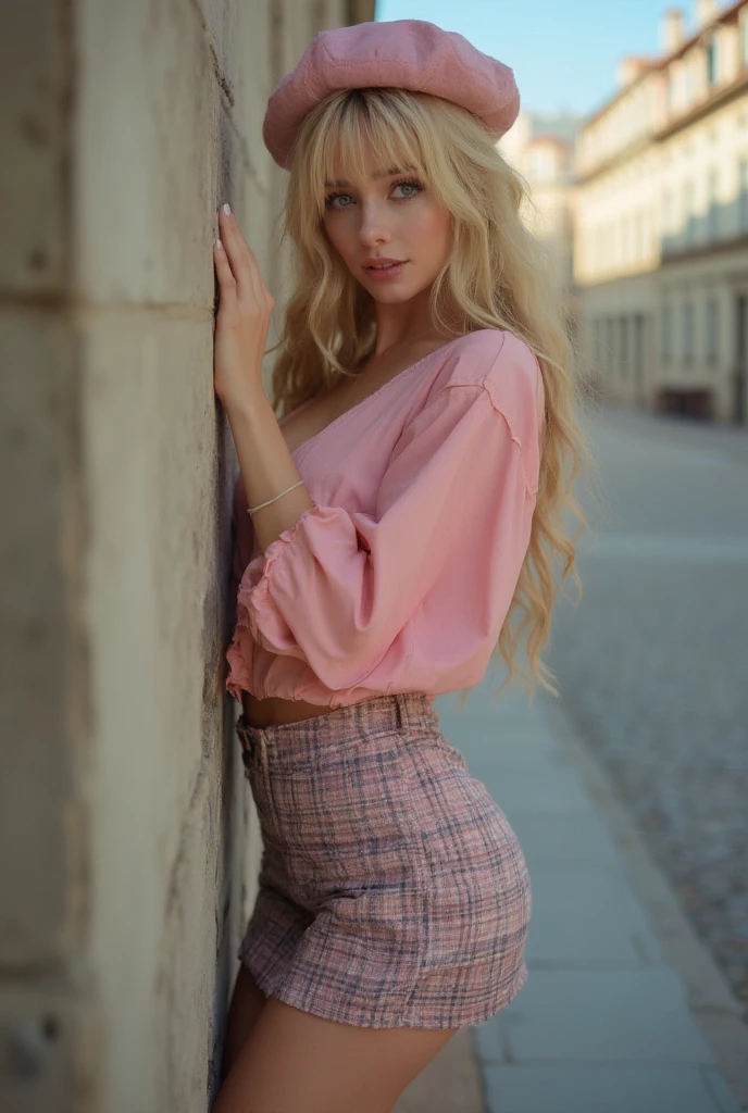 1Girl 18 years old, only, Long hair, medium breasts, Looking at viewer, blonde hair, bare shoulders, brown eyes, jewelry, full body, Necklace, Schulterfrei, sweater, delineated lips, Realistisch, nose, Flirting with the camera with background in a bright city, night photo, in the ally, well lit pink and small nipples.