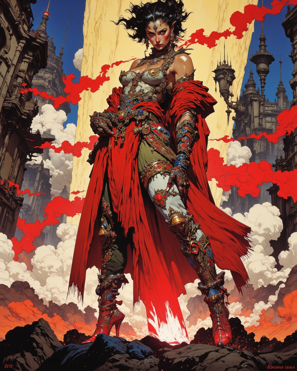 Generate a stunning art style, a true [masterpiece] [best quality, high quality] of art. The image showcases [detailed linework], [dynamic shading], and [dramatic lighting], bringing to life a [dreading atmosphere, grim dark coloures, action shot, cinematic composition] . In the background a [gothic, infernal, landscape,  warhammer 40k] is to be seen in [grand:1.8, high-scale:1.8, panorama:1.8] from [from below]. A LelithHesperaxra, solo:1.3 is [full body view, dynamic pose, charging forward,   evil grin] in front of the edge of a tower. It is holding a [licking lips, power_sword in its righthand]. She is wearing a [detailed face,  pale skin, white skin, long hair, red hair, ponytail, hair ornament, pointy ears, red eyes, makeup, eyeshadow, thighhighs, blood on clothes, ].
<lora:Lelith_Hesperax__Warhammer_40k:0.8> <lora:HELLSINGStyle-000080:0.8:lbw=1,0,0,0,0,0,0,0,1,1,1,1,1,1,1,1,1>