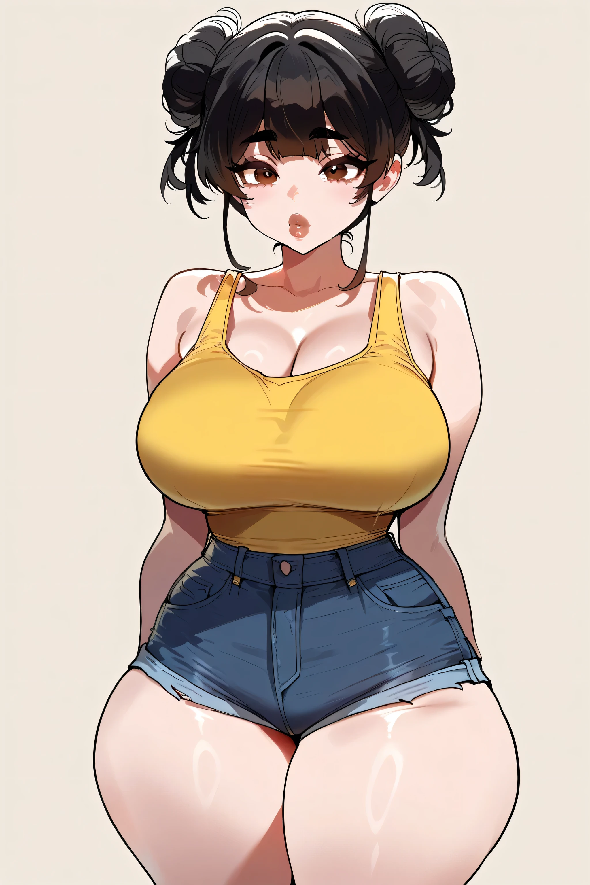 simple background, perfect face, black hair bun, high bun, natural eyebrows, black eyebrows, big eyes, brown eyes, thick lips, beautiful woman, yellow tank top, jeans short shorts, (thick thighs:1.3)