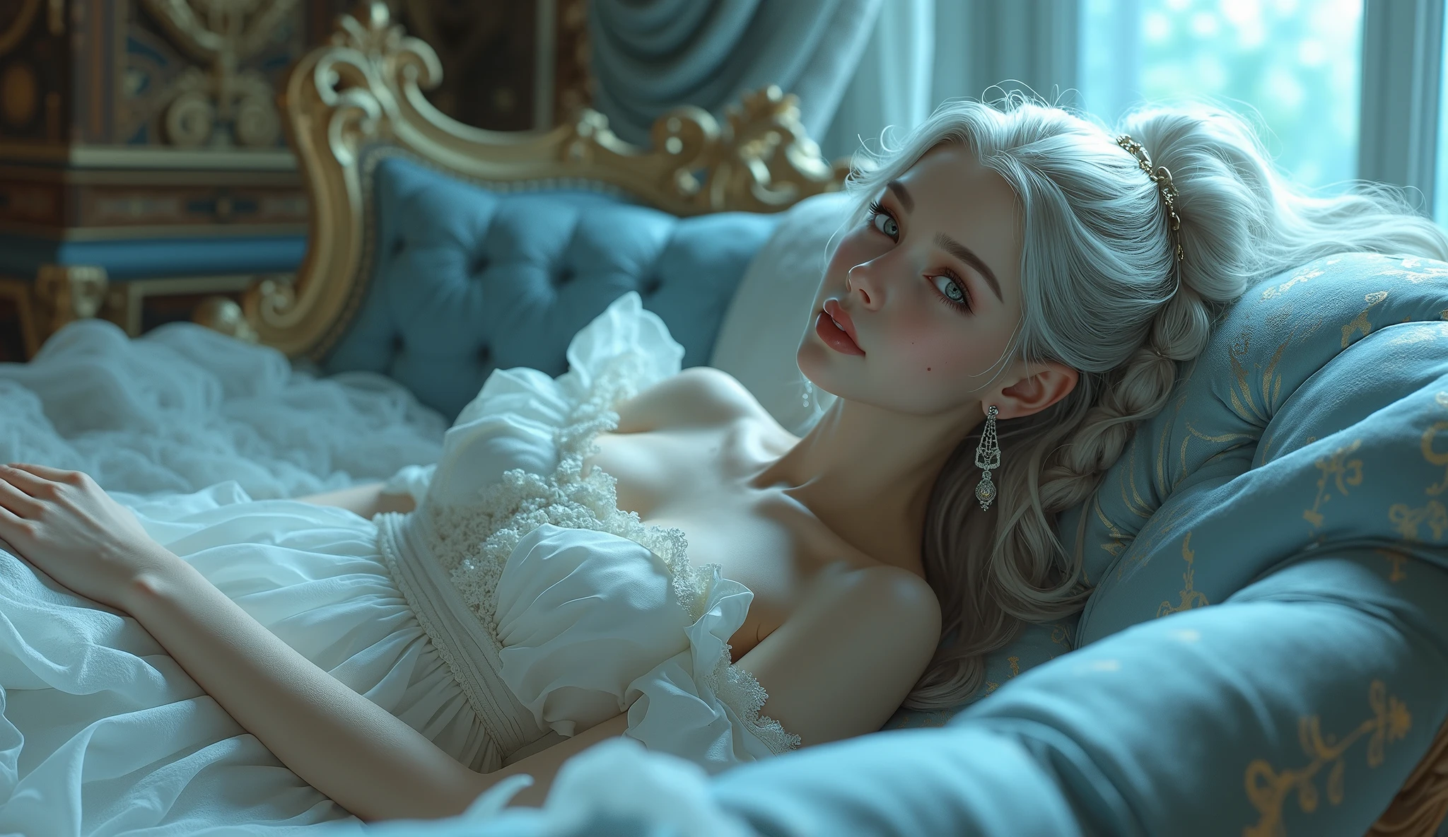 There is a girl looking out the window at the sunset, the girl is wearing a gorgeous princess dress, ivory white hair to her shoulders, brown eyes with rose red lips, her face and eyes are very detailed, she wears royal silver jewelry to enhance her majestic beauty. On her head she wears a golden crown and her right hand is stroking her hair while her left hand is holding a laurel wreath. The surrounding scenery in the palace is very detailed and masterpiece. 9k image, 4k character details, masterpiece, excellent, beautiful, highly artistic