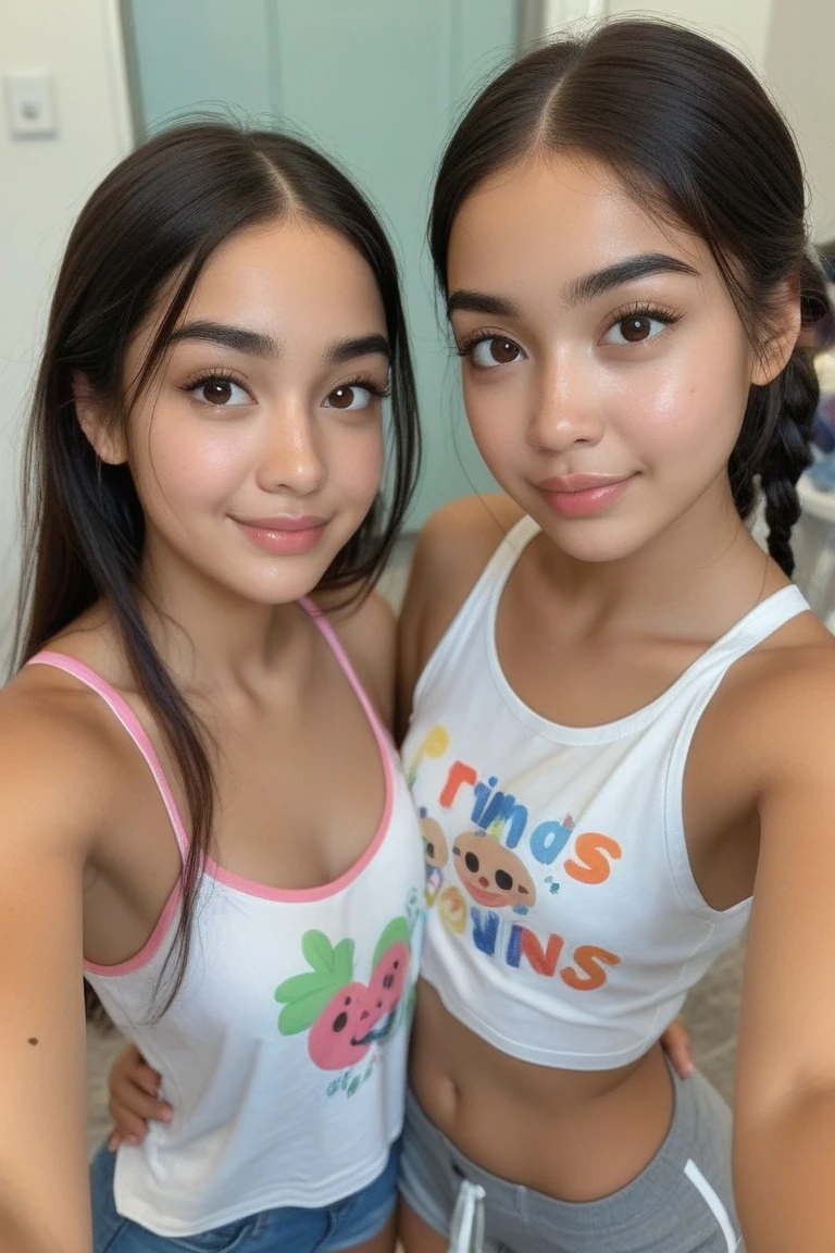 10 year old totally tanned with her sister, (tongue out and mouth open:1.2), (raised eyes:1.3), tight pink cotton shorts, all-body, I consider sexy, captivating smile, Impressive bust, short black hair, Beads, Rich apartment, bright sunny, shirt wet