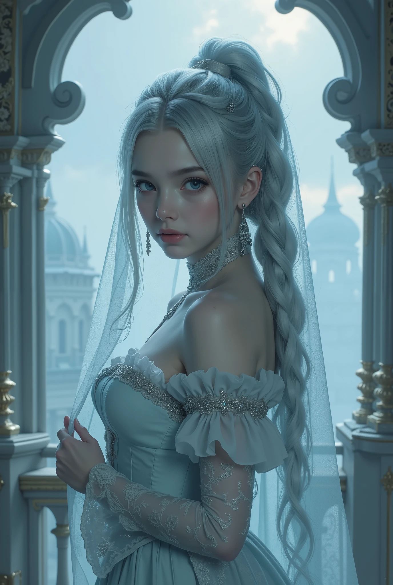 { - erro de anatomia}(Masterpiece - Ultra-Detailed, High Resolution) Prepare to be enchanted by a true masterpiece that combines ultra-detailed art with high-resolution rendering. This work shows a mesmerizing girl with long blonde hair (1.3) and captivating light blue eyes (1.2), emanating an aura of elegance and mystery. The intricate details and realistic textures invite you to explore every aspect of this enchanting composition. Girl wearing classic Victorian costumes. Light blue dress. Red lips. Dancing lightly. Get ready to dive into a world where beauty and craftsmanship merge perfectly.