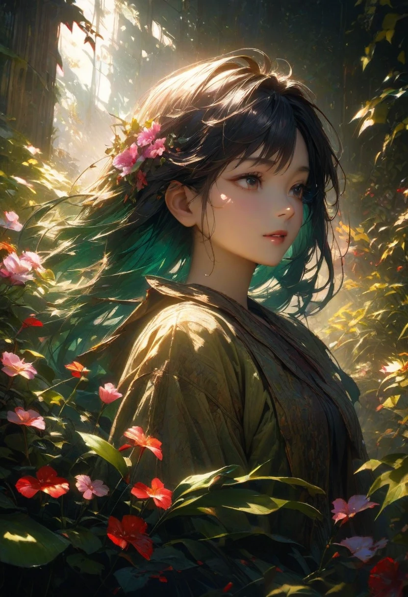 A few pretty flowers,With leaves,front,high quality,Extreme Details,major,vivid colors,Beautiful Light and Shadow, Natural Scene ,Natural Light,exquisite oil painting texture,4K Ultra HD,realistic lens,Dramatic lighting ,广阔 Natural Scene ,flowing vegetation,delicate petal texture,three-dimensional rich color,major级油画技法,soft natural light,fine texture level