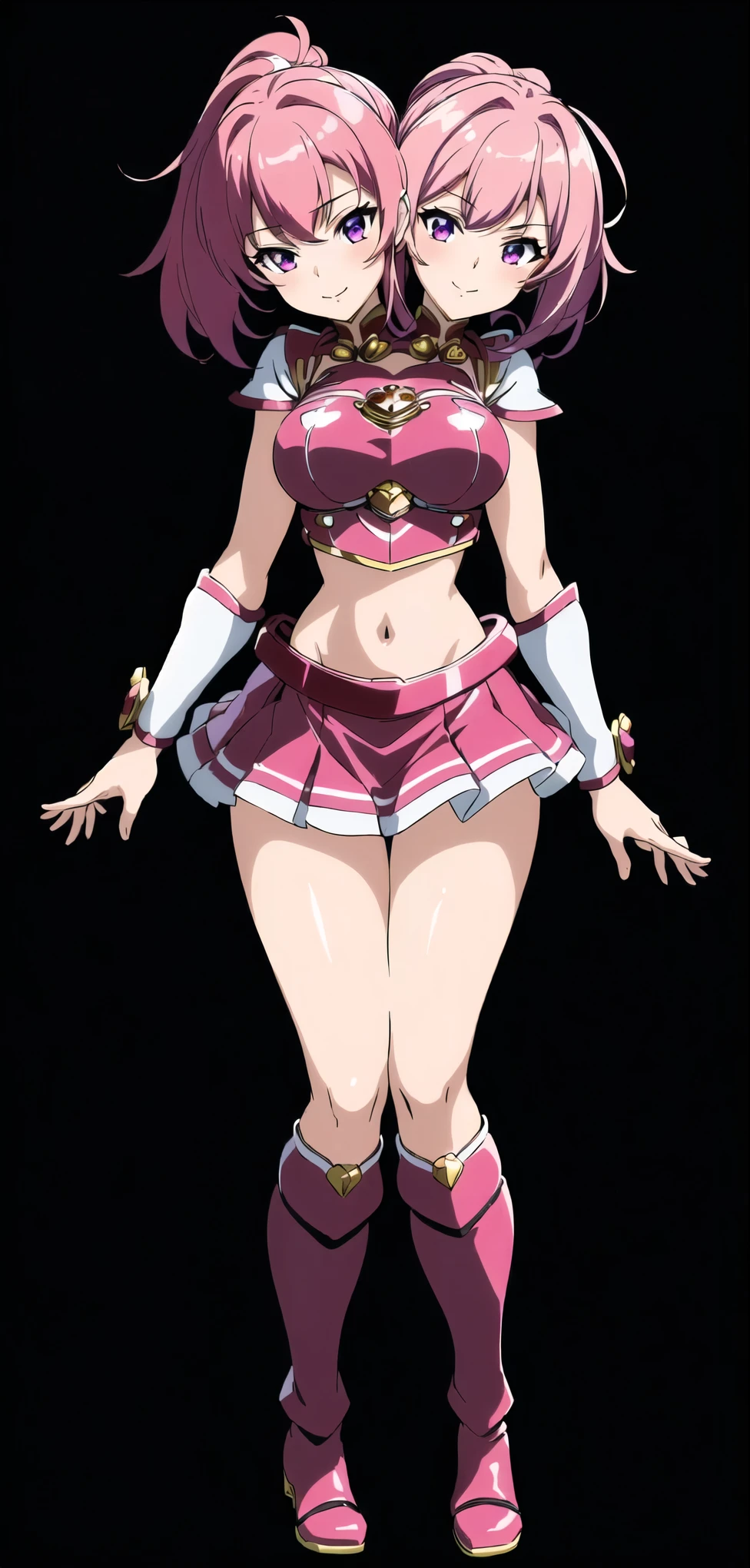 (masterpiece),(ultra-detailed), (high quality), (high resolution), (best quality:1.5, highres, UHD), highres, absurdo, ultra detail, ultra quality, Ultra resolution, 16k, (2heads:1.5) 1girl,((hot pink hair)), purple eyes, hair ornaments, red armor chest piece, same hair color, age girl,((hot pink magical girl)), magical girl, gentle smile, high school background, high ponytail, exposed midriff, skirt, full body, boots anime girl in red uniform posing with her hands on her hips, attractive azur lane style, magical girl anime