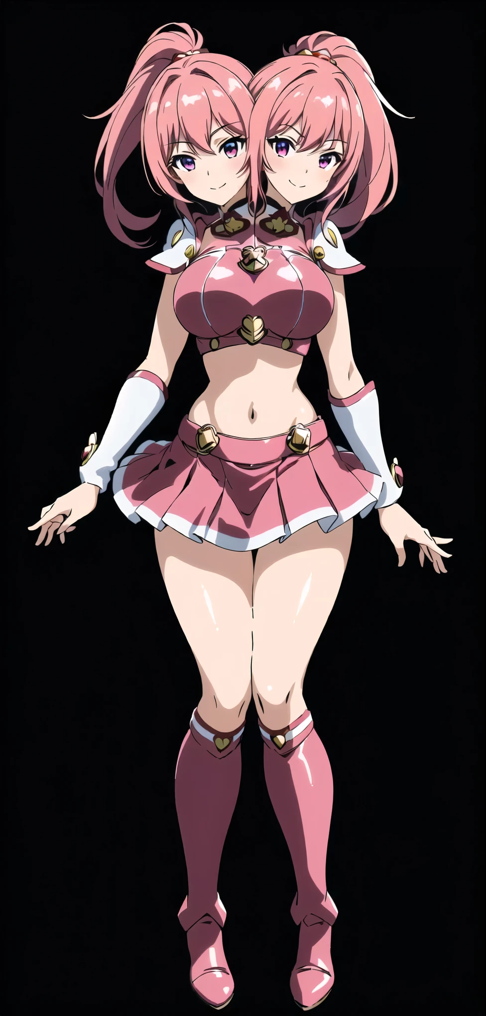 (masterpiece),(ultra-detailed), (high quality), (high resolution), (best quality:1.5, highres, UHD), highres, absurdo, ultra detail, ultra quality, Ultra resolution, 16k, (2heads:1.5) 1girl,((hot pink hair)), purple eyes, hair ornaments, red armor chest piece, same hair color, age girl,((red pink magical girl)), magical girl, gentle smile, high school background, high ponytail, exposed midriff, skirt, full body, boots anime girl in red uniform posing with her hands on her hips, attractive azur lane style, magical girl anime
