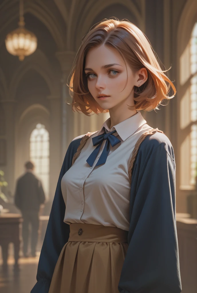 (Masterpiece: 1.2, Best Quality), Realistic, (Realistic Picture, Complex Details, Depth of Field), Best Quality, Masterpiece, Highly Detailed, Semi Realistic, 1 Girl, Mature Female, 2, Blond Hair, Shoulder length Short Hair, Left Eye Covered with Hair, Blue Eyes, King's Clothes, Red Cloak, Slim Figure, Crown Made of Precious Gold, Reading Documents, Marking Documents, Goose Hair Pen, Office Table, Soft Bench, Palace, In the palace, during the Middle Ages