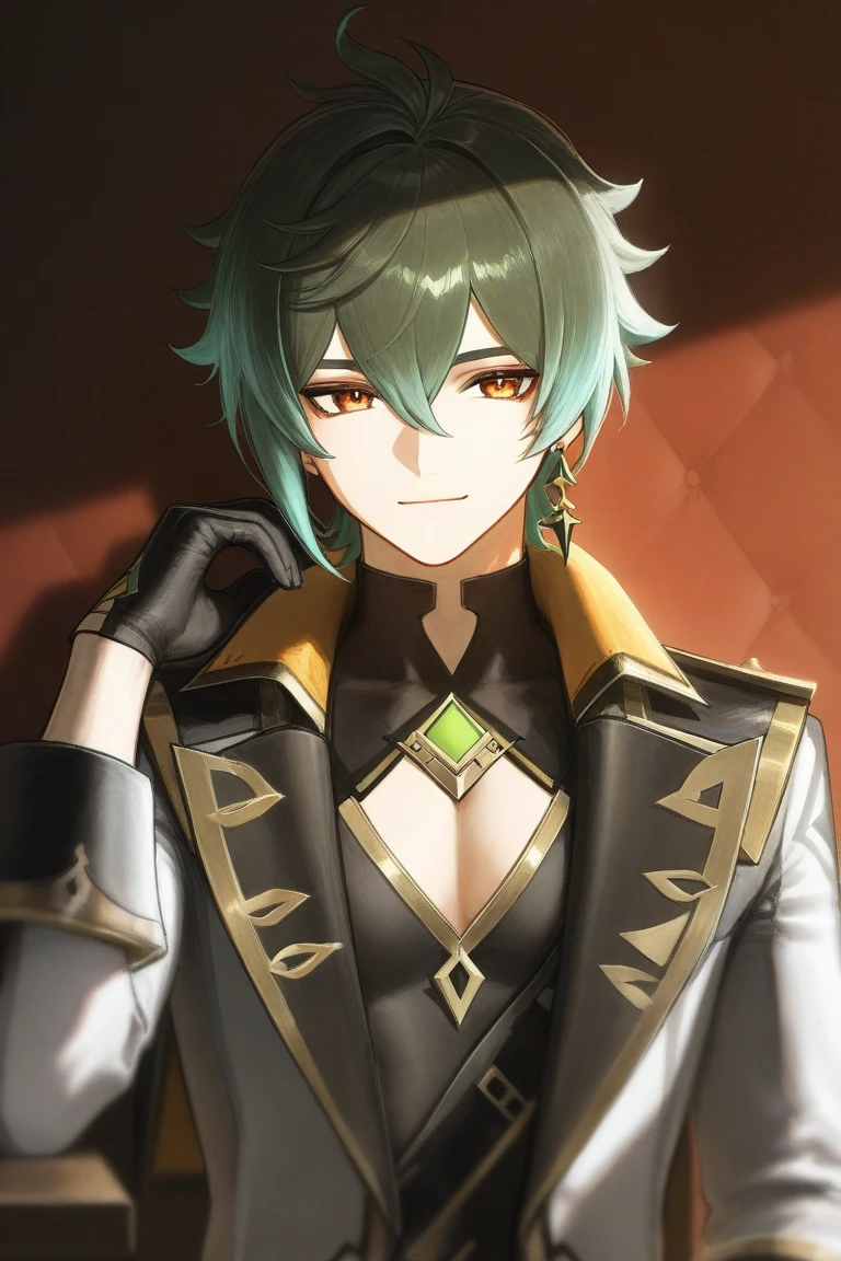 (masterpiece, official art, best illustration, extreme light and shadow), 1boy, solo, transgender male, flat chest, red hair, green hair, style of Genshin impact, hoyoverse, kawaii, anime, purple eyes, two tone hair, depth of field, standing in a spaceship, close up, shiny skin, NeonLightingScene