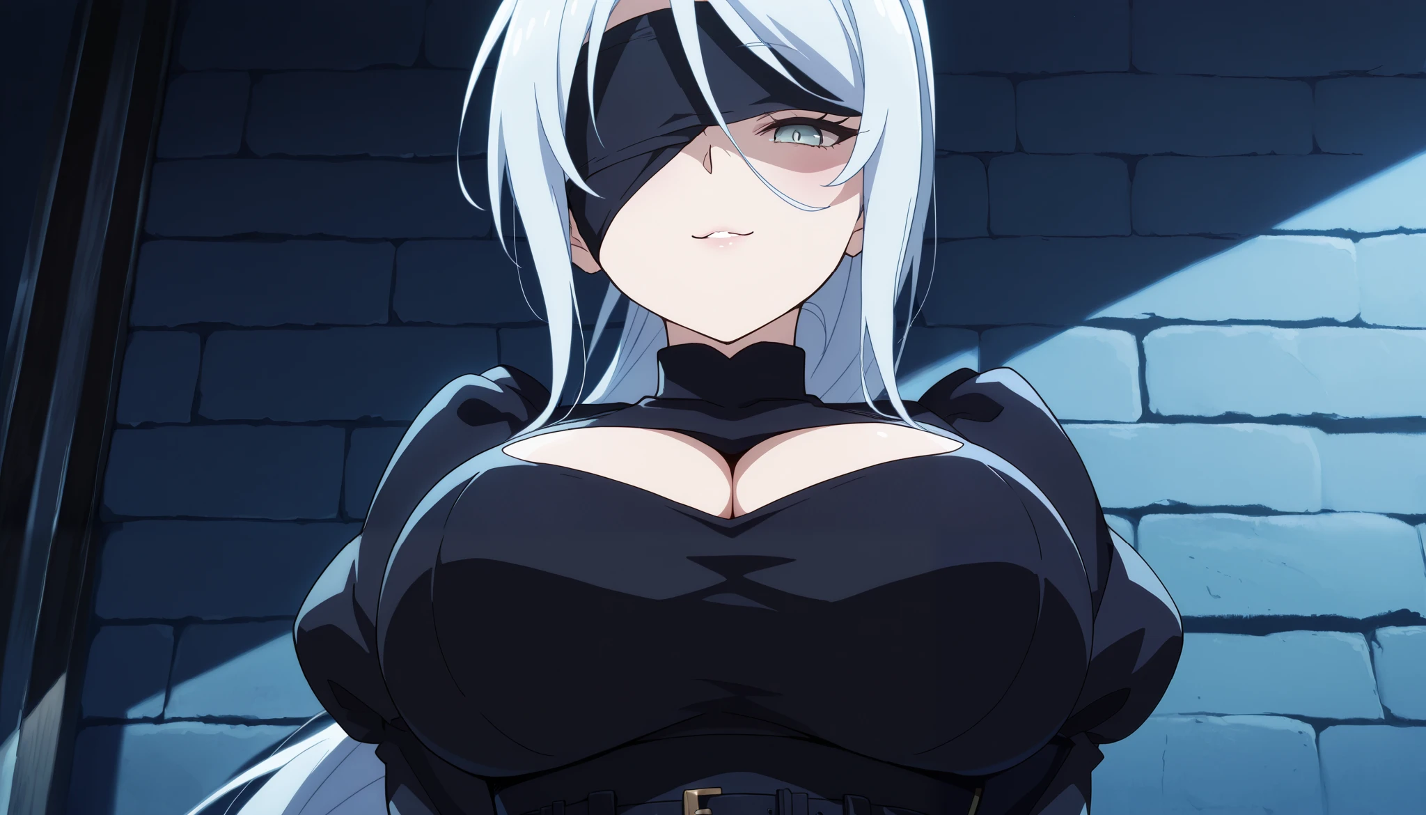 sylpha_langlis, 1girl, seductive smile,solo, blue hair, long hair, ponytail, looking at viewer,huge breasts,, light blue hair, dark alleyway background, night, (masterpiece),(best quality),(ultra-detailed),(best illustration),(best shadow),(absurdres),(detailed background),(very aesthetic),2bcosplay, 2b \(nier\:automata\) \(cosplay\), gloves, long sleeves, dress, puffy sleeves, black dress, clothing cutout, cleavage cutout, juliet sleeves, feather-trimmed sleeves, blindfold, black blindfold,covered eyes,Cross Belt Blindfold,,looking down, breast focus:1.8, shaded face, disgust,