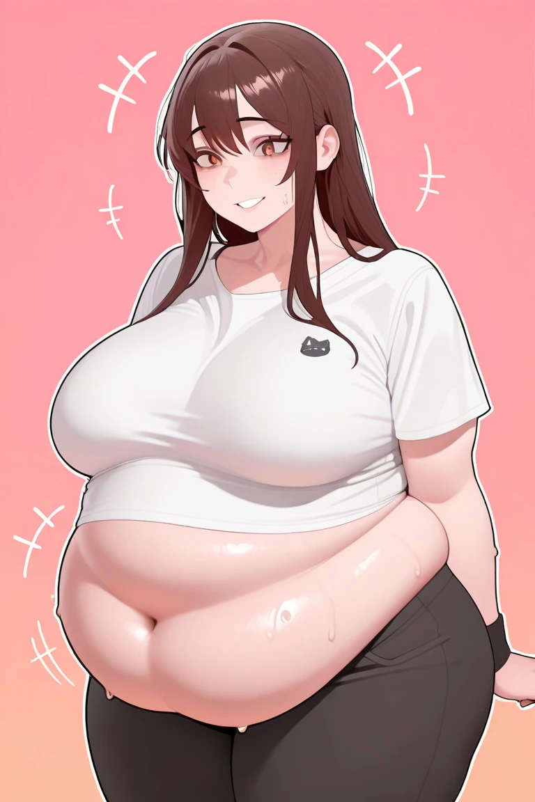 (masterpiece, best quality, highly detailed), 1girls, big belly, huge belly, art by kipteitei, round belly, chubby, curvy, belly grab, enormous belly, fat belly, thicc, bigger belly, really big belly, jiggly belly, shirt covering belly, belly cover by shirt, glasses, ((full body)), long hair