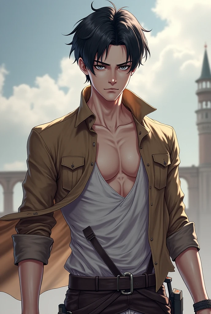 Boy, teenager, white skin, muscular body, short messy black hair, blue eye, shirtless, STUDIO GHIBLI STYLE, PORTRAIT, PORTRAIT, MEADOW BACKGROUND WITH CASTLE IN THE BACKGROUND