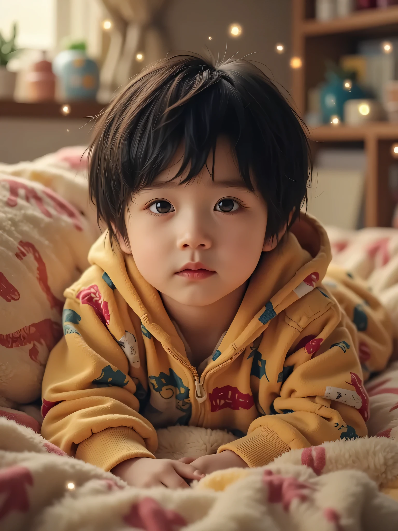 a cute little Korean boy with black hair in a Mullet cut, black eyes, wearing a dinosaur onesie, lying on a bed 