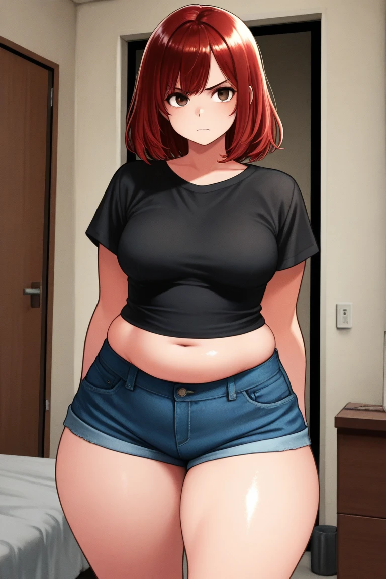 ((highres)), (Masterpiece), superior quality, high quality, best quality, beautiful, perfect lighting, detailed face, ultra cute face, cute, cowboy shot, ((1girl)), ((solo)), short fluffy red hair, blue eyes, freckles, (blush), shy, nervous, hotel lobby, detailed background, (tiny breasts), (flat chested), cleavage, perky breasts, ((wide hips)), ((large thighs)), (chubby belly), pear shaped girl, Crop top, shorts, (tight clothes), looking at viewer, standing,