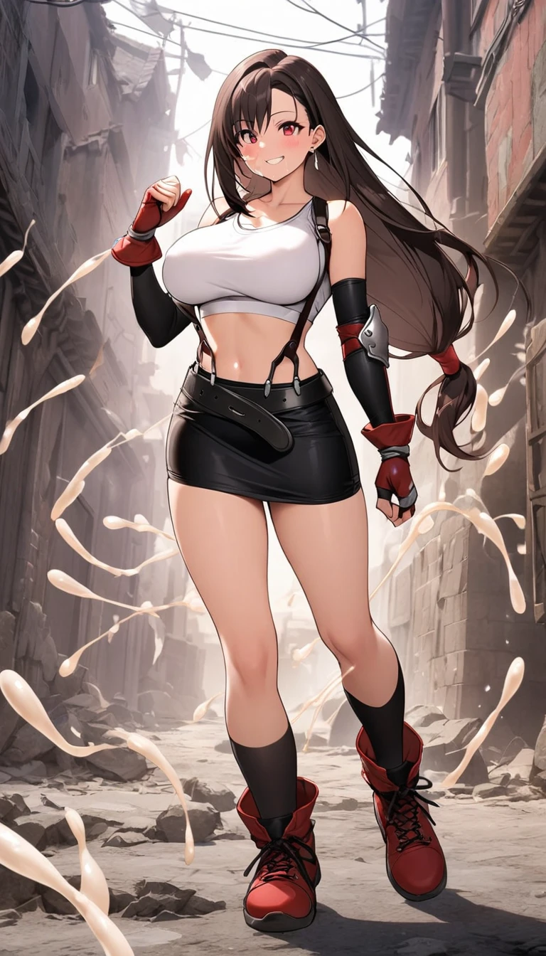 (solo 1 mujer), Professional anime drawing, plano americano view (front back mostly), light-skinned female, 16 years old, symmetrical face, long curly magenta hair, blue eyes, crimson red lipstick, slim build and perfect figure, ????? Firm and striking, he is approximately 1.65 meters tall, his usual attire consists of a ??????????? top with a red large R logo, underneath a cropped black T-shirt that reveals his belly button, long black boots and gloves, round colored stud earrings Green, White Tight Micro Skirt, Extremely Detailed Intricate Image