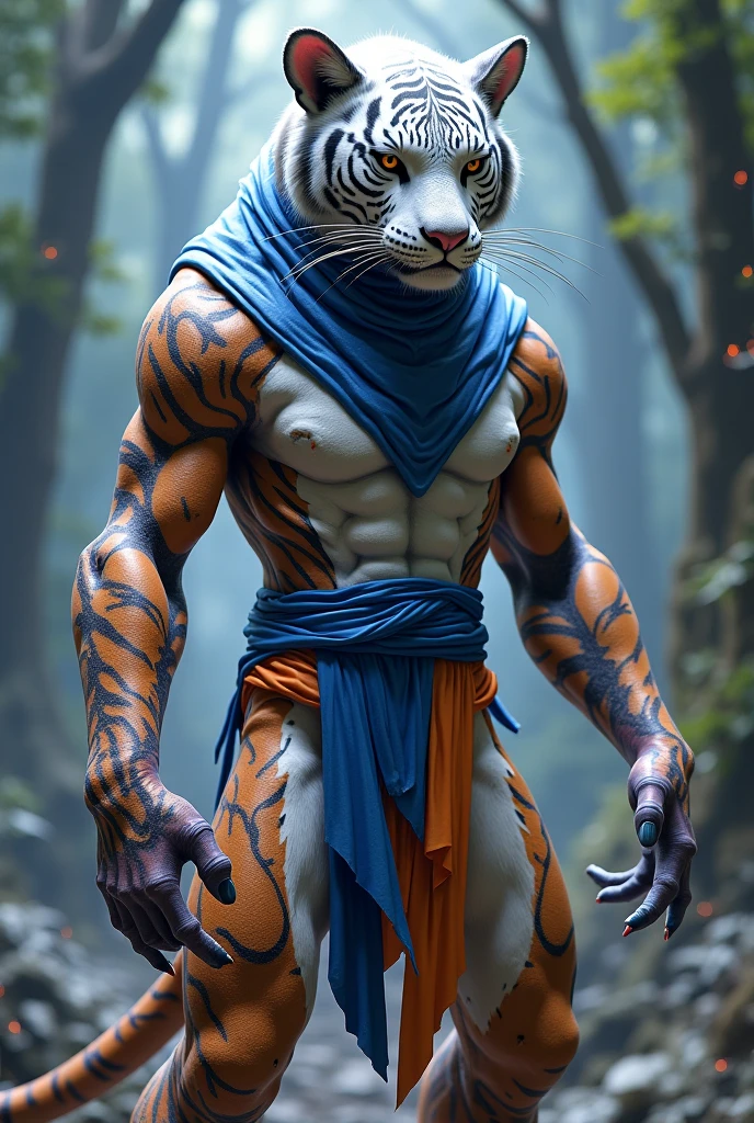 a hairy and muscular blue tiger man, skinny, Athletic, wearing fingerless leather gauntlets, long braided dreadlocks, scars and tattoos, tattered jeans, hyper detailled, 8k, photorrealistic, dramatic lighting, film composition, dark and moody atmosphere, warm color palette has white fur on the chest, it&#39;s confusing, martial artist, action pose