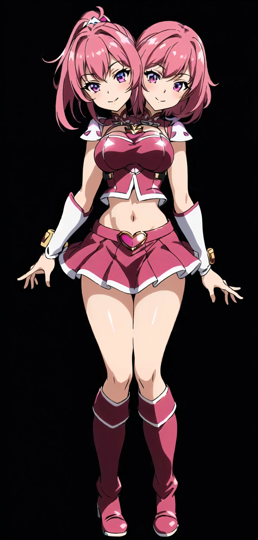 (masterpiece),(ultra-detailed), (high quality), (high resolution), (best quality:1.5, highres, UHD), highres, absurdo, ultra detail, ultra quality, Ultra resolution, 16k, (2heads:1.5) 1girl,((magenta pink hair)), purple eyes, hair ornaments, red armor chest piece, same hair color, age girl,((magenta pink magical girl)), magical girl, gentle smile, high school background, high ponytail, exposed midriff, skirt, full body, boots anime girl in red uniform posing with her hands on her hips, attractive azur lane style, magical girl anime