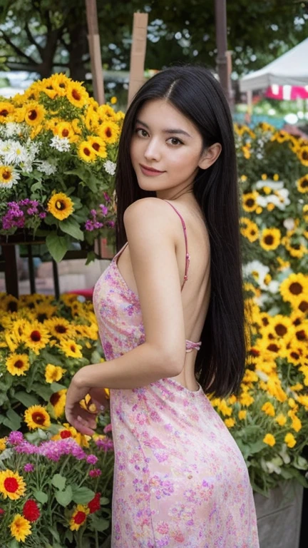 Cute Japanese girl,((full body shot from hair to feet)), ((naked)),(NSFW),with a very large hair bun, the size of the bun is 5 times the size of her head, very big hair bun, huge hair Bun,circular bun, shiny black hair, about 8 meters long hair, length knee hair,very shiny hair, loose hair filling the entire ground,some hair cover front body and stomach,the ground is full of her long hair , ((both hands hold long hair)), ((large breast:1.6)), ,on back yard atmosphere,red rose plant around, laughing,(looking back over shoulder) ,, ((straight hair)),wear black fishnet full body suit , bright sunlight from side,body on sunlight 