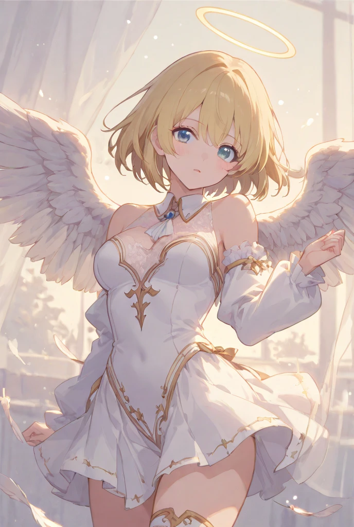 wht1,Absolute area,Open mouth smile,Beautiful background,best quality,masterpiece,Angel Girl, young,12 years old,Blonde with wings, Shoulderless neckline,Holding a staff